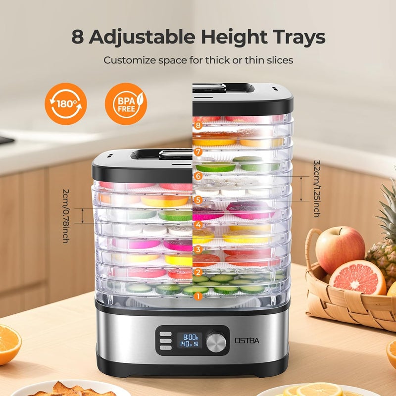 OSTBA 8-Tray Food Dehydrator, 72H Timer & Temp Control up to 158℉, Includes 8 Mesh Sheets, 1 Fruit Roll Tray, 1 Tongs, Recipe Book for Jerky, Fruit, Meat, Vegetables, Herbs, BPA-Free - Image 4